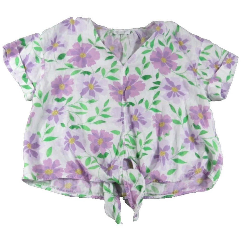 Charter Club Blouse Top Women XL White Floral Linen Cropped‎ Short Sleeve Luxury